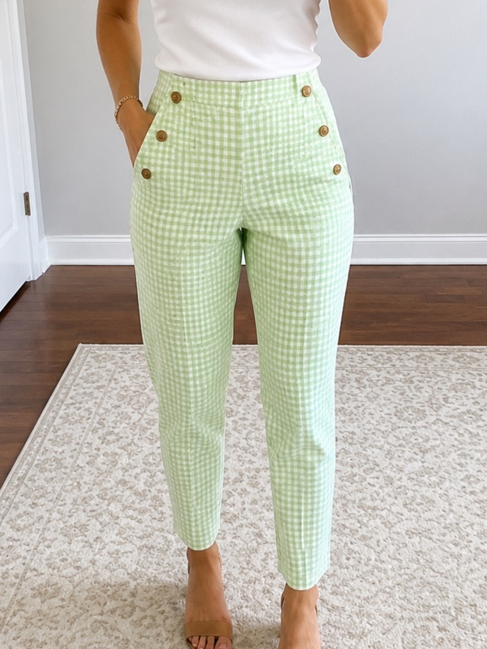 Zara Green White Gingham Gold Button Pants Size M